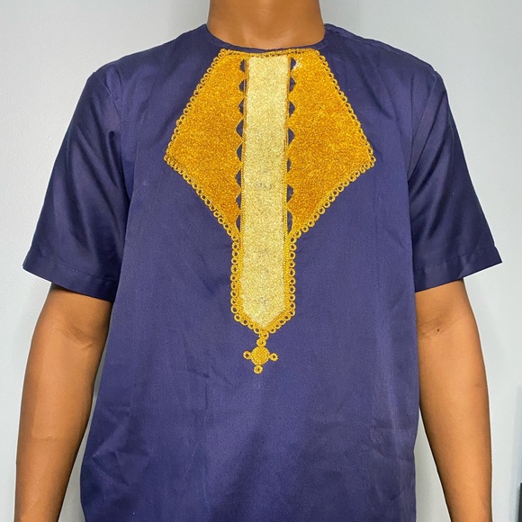 Men’s African Clothing Print Blue/Gold African Top Mens Sizes S-XL - Picture 2 of 4